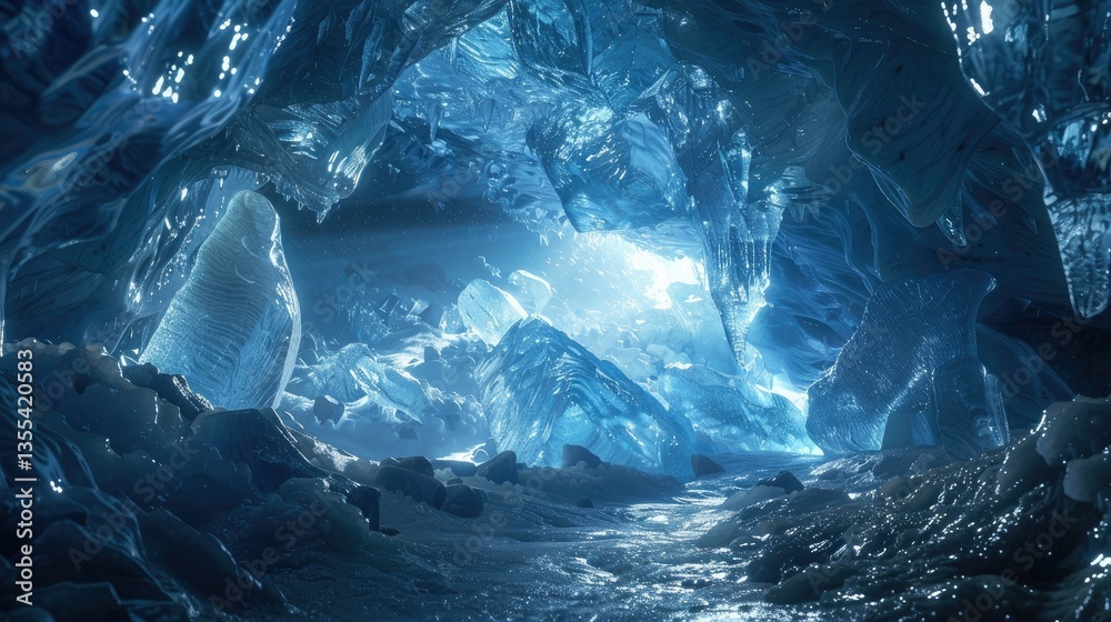 Obraz premium A stunning ice cave with blue crystalline formations reflecting ambient light, creating a magical frozen world 