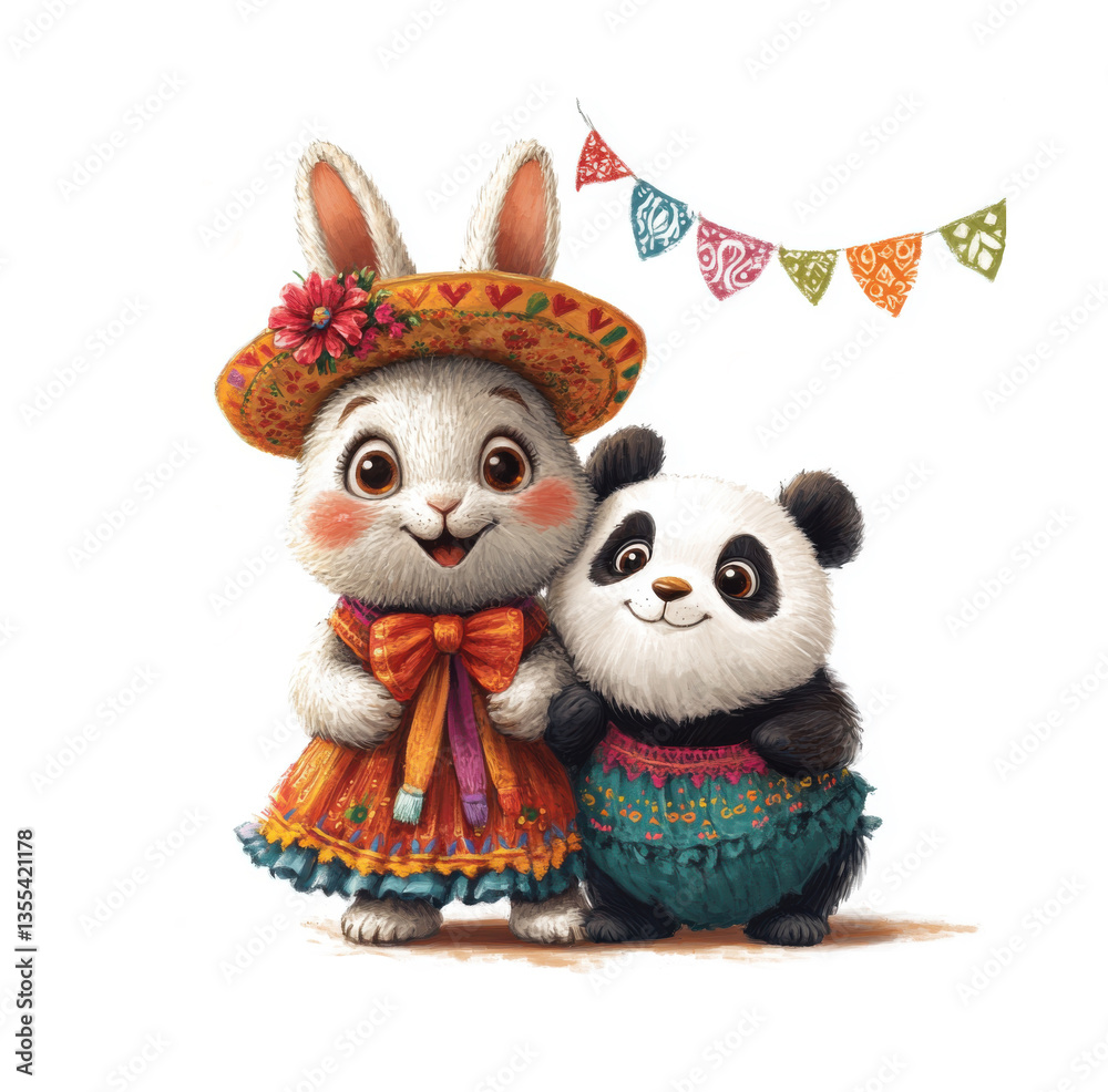 Obraz premium Cute Bunny and Panda Fiesta Friends Art