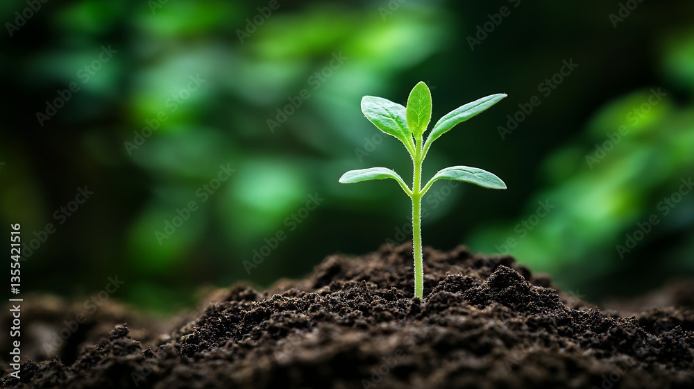 Fototapeta premium Young Plant Growing in Soil with Green Leaves Against Blurred Nature Background