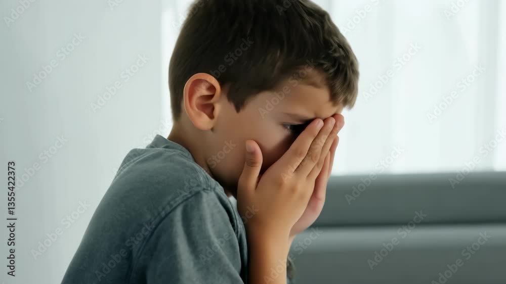 Sad scared boy covering face with hands sitting on couch at home. Concept of childhood fear, emotional distress, anxiety, loneliness, upset child, mental health, trauma, vulnerability, isolation Sad scared boy covering face with hands sitting on couch at home. Concept of childhood fear, emotional distress, anxiety, loneliness, upset child, mental health, trauma, vulnerability, isolation