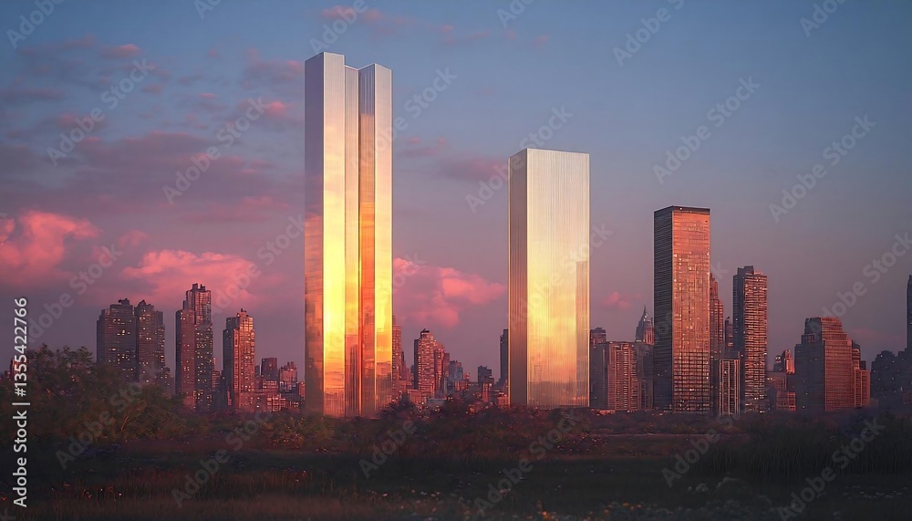 Fototapeta premium Modern City Skyline at Sunset, Tall Buildings Reflecting Golden Light