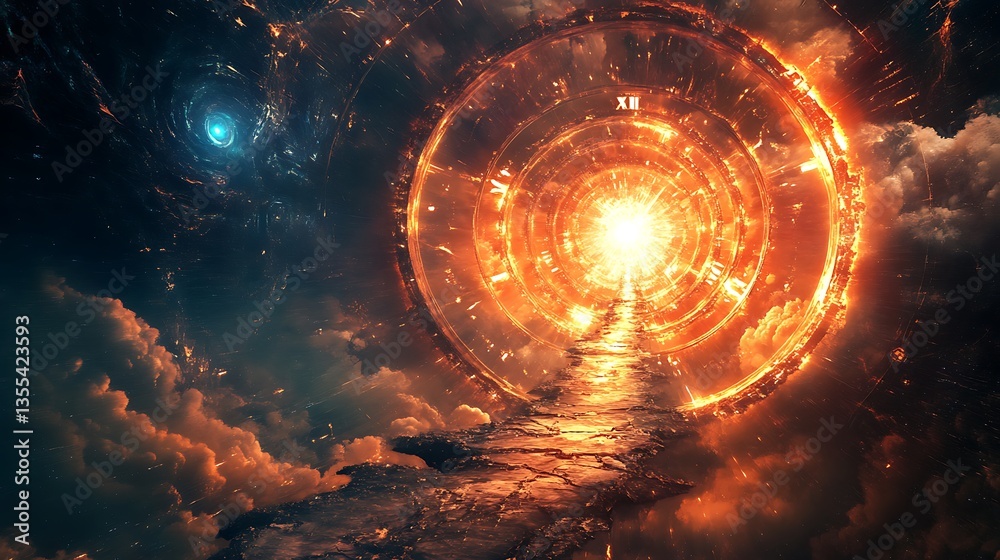 Obraz premium A cosmic portal with a bright light, surrounded by celestial elements and a pathway.