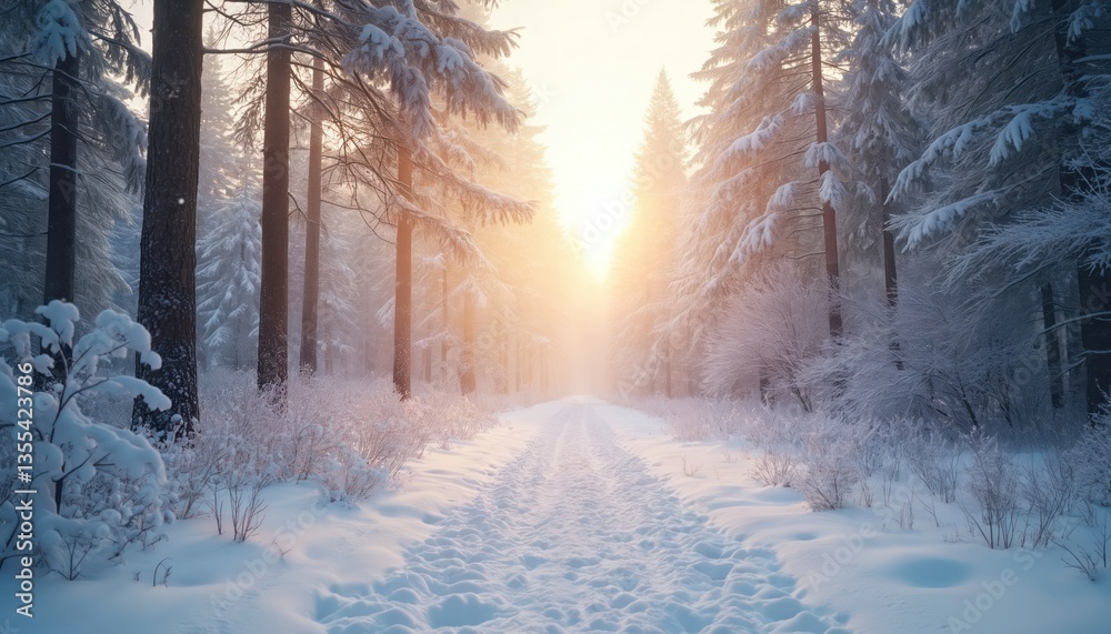 Naklejka premium Winter wonderland forest covered snow. Sunlight through trees creates fairy tale atmosphere. Snow covered path leads into distance. Nature landscape, peaceful, serene, holiday season.