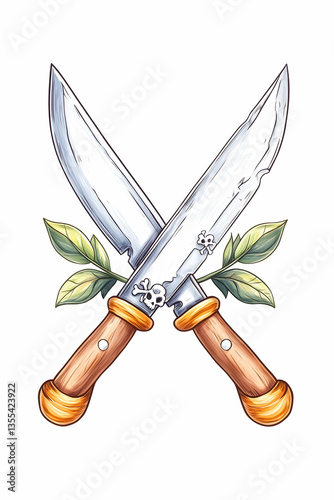 Crossed knives with leaves;  vintage style illustration