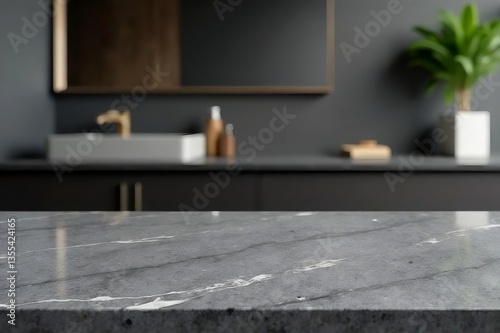 Empty marble table top on blurred minimalistic luxury bathroom at apartment, dark black and gray colors. Place for product display, showing products, side view