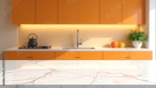 Marble empty White table top fron view, blur minimalistic scandy kitchen interior background in pastel orange colours and light wood, for montage product display or design key visual layout