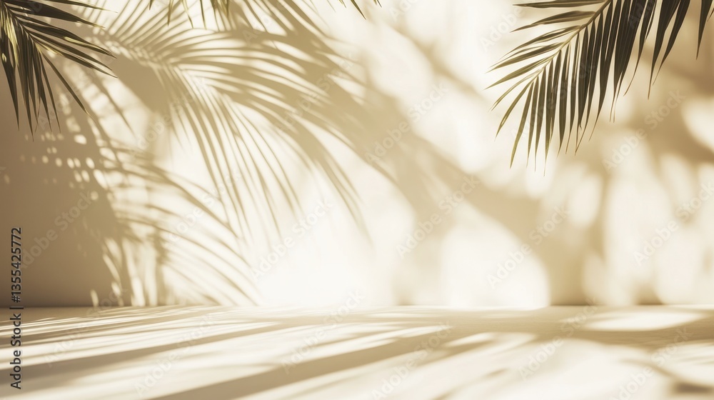 Fototapeta premium Tropical Sunlight and Palm Leaf Shadows on Beige Wall.
