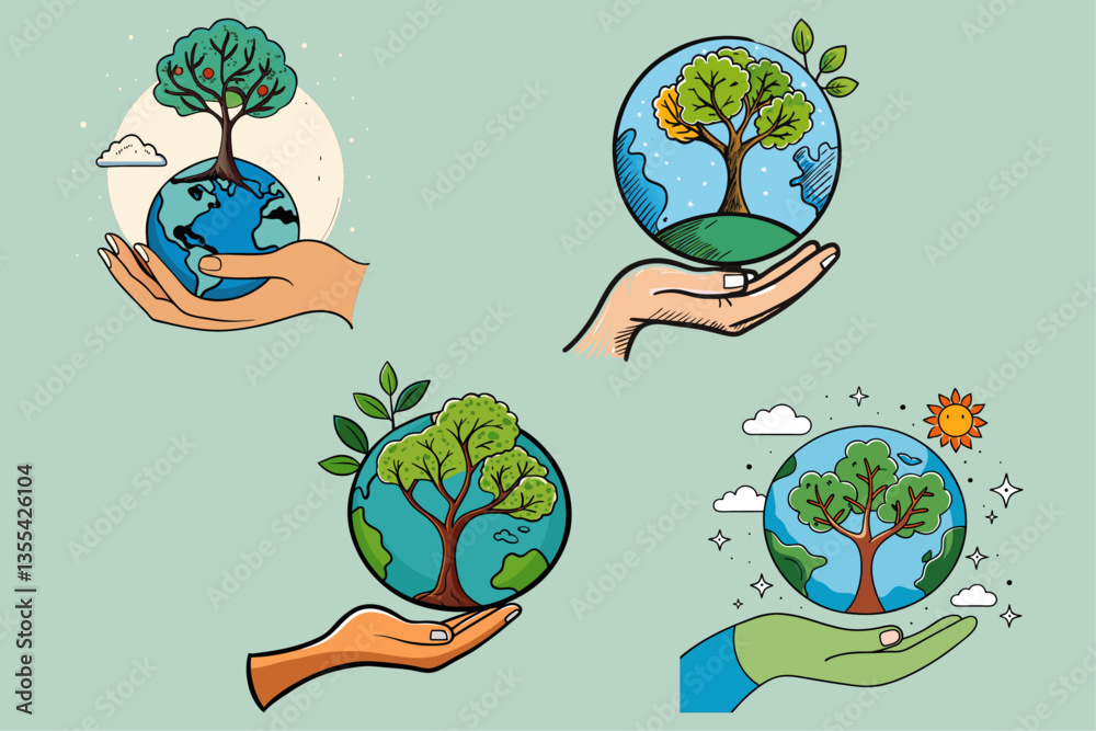 Fototapeta premium Set of Hand drawing holding tree earth sketch Vector design on isolated background.
