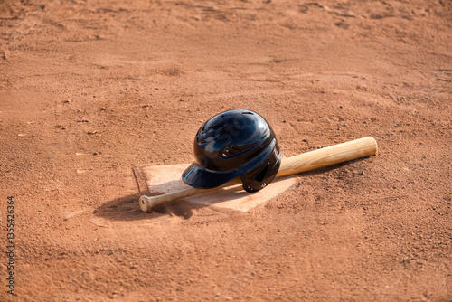 Little league wood baseball bat and batting helmet on homeplate