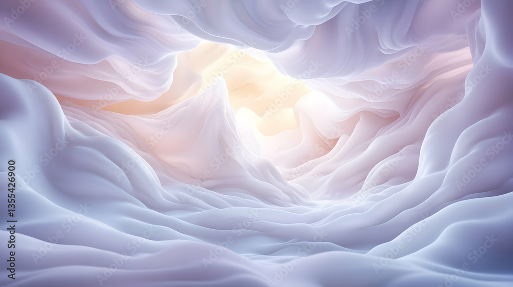 Fototapeta premium Dreamlike light cave, soft waves, sunrise, abstract background, design