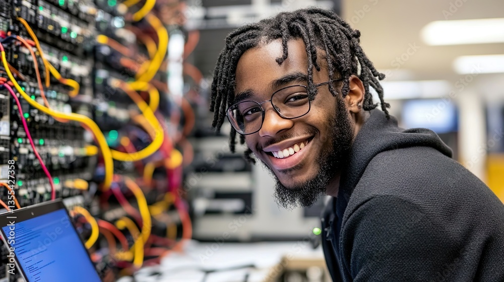Fototapeta premium Young Man Smiling While Configuring Laptop Inside Server Room Surrounded By Red Cables