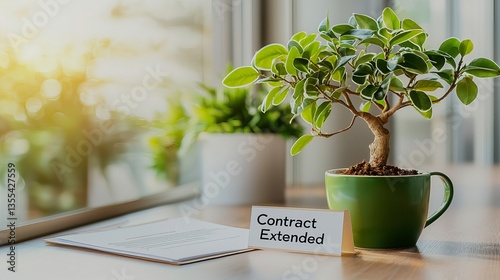 A green potted plant beside a 'Contract Extended' sign on a workspace table, creating a positive and fresh atmosphere.