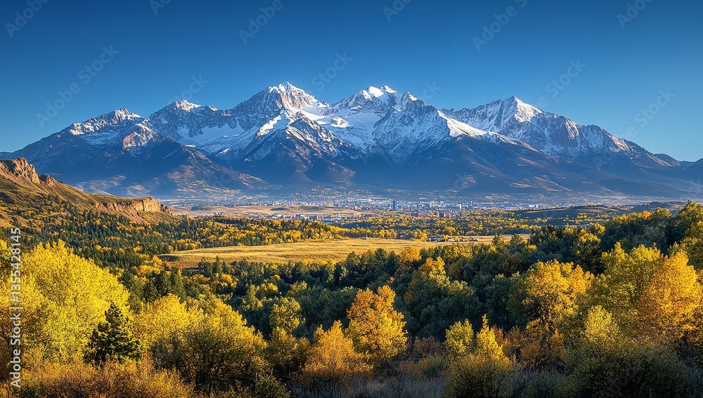 Naklejka premium Panoramic View of Rocky Mountains with Snow-Capped Peaks and City Skyline in Autumn