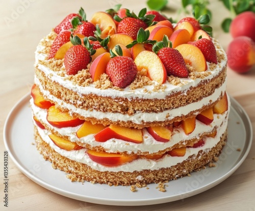 Wallpaper Mural Layered Peach and Strawberry Cake - A Summer Delight Torontodigital.ca