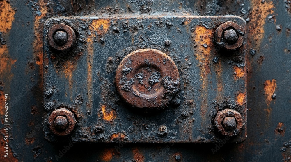 Close-up of rusty metal plate with bolts and central nut, showing texture and corrosion. Close-up of rusty metal plate with bolts and central nut, showing texture and corrosion.
