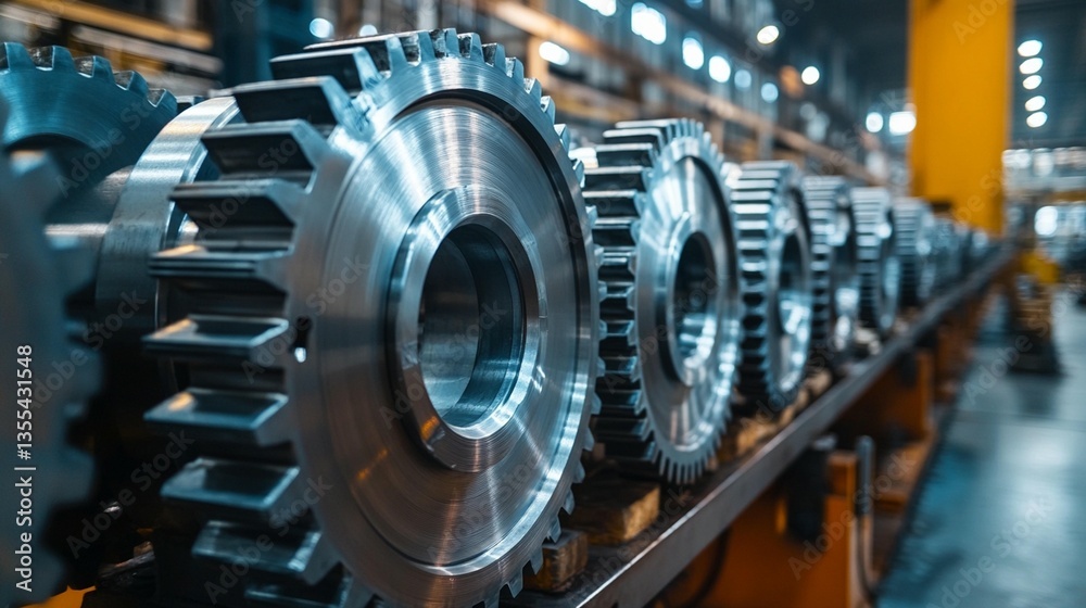 Close-up of shiny metal gears in a factory setting.