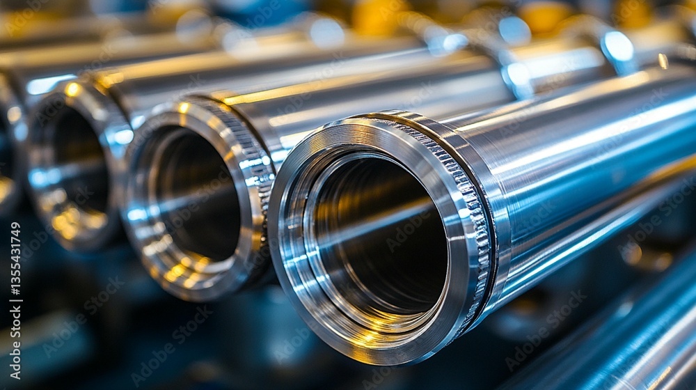 Naklejka premium Close-up of shiny metal pipes with precision engineering details.
