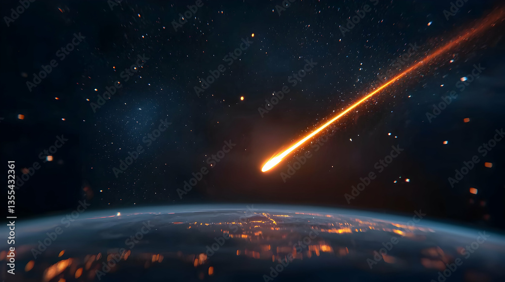 Obraz premium Fiery Meteoroid Falling Towards Earth at Night