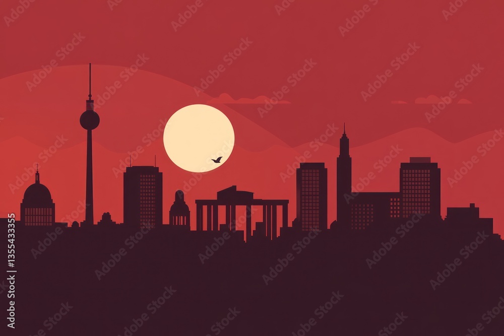 Fototapeta premium Sunset Over Urban Skyline with Iconic Structures and Modern Buildings