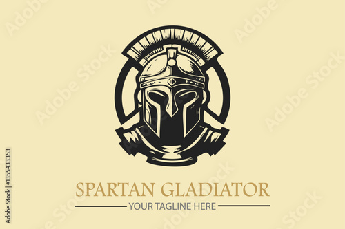 helmet and shield of the Spartan warrior symbol, emblem. Spartan helmet logo, vector illustration of spartan helm and shield, Greek gladiator armor flat vector icon