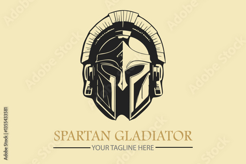 helmet and shield of the Spartan warrior symbol, emblem. Spartan helmet logo, vector illustration of spartan helm and shield, Greek gladiator armor flat vector icon