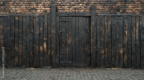 Charred wooden door and fence against a fire-damaged brick wall. Cobblestone ground in front