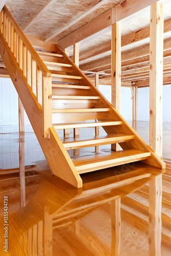 Flooded basement stairs, wooden structure, water damage, home repair