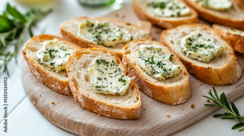 Close-up of sliced baguette topped with herb butter on a white wooden surface Close-up of sliced baguette topped with herb butter on a white wooden surface