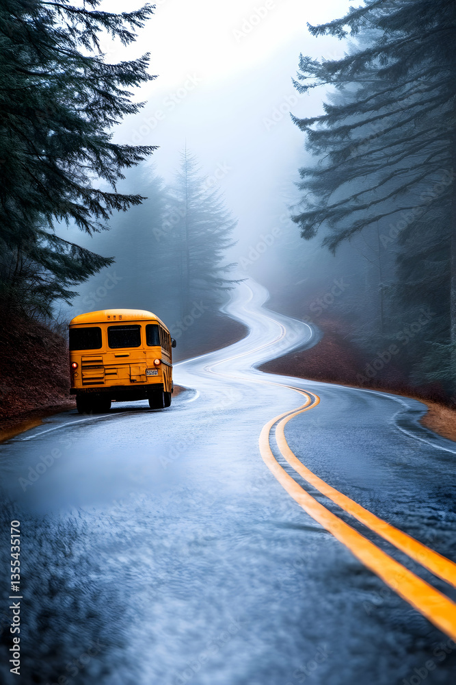 Obraz premium Foggy mountain road, school bus, winding path, autumn