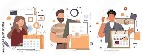 Schedule management illustration set. Business and organization concept. Characters planning and organizing work tasks, making calendar appointments and to do list. Vector illustration.