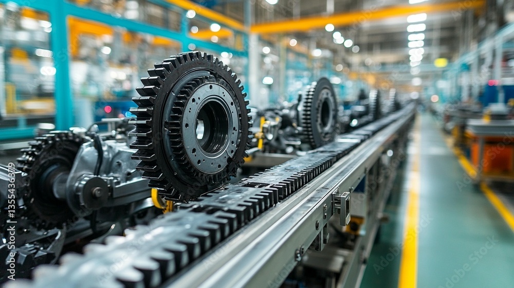 Factory assembly line with gears and parts moving on a conveyor belt. Factory assembly line with gears and parts moving on a conveyor belt.