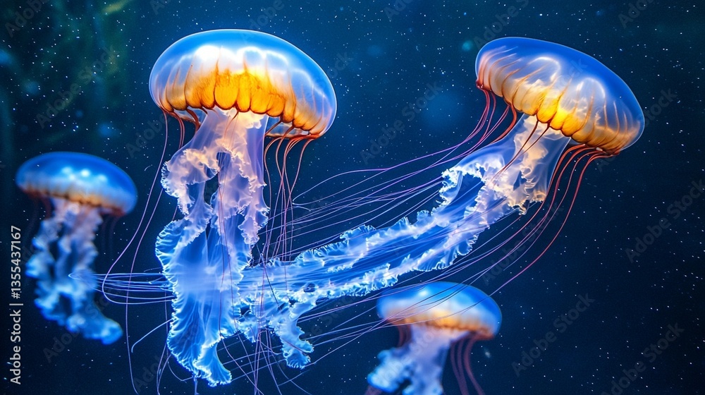 Four luminous jellyfish gracefully swim in a dark blue ocean, their translucent bells and long tentacles glowing with vibrant orange and blue hues. Four luminous jellyfish gracefully swim in a dark blue ocean, their translucent bells and long tentacles glowing with vibrant orange and blue hues.