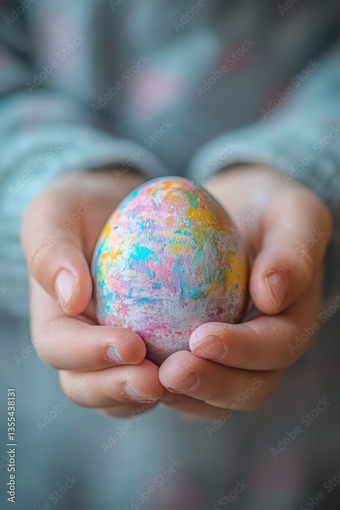 Child holding colorful easter egg painted with pastel colors Child holding colorful easter egg painted with pastel colors