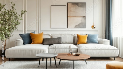 Stylish living room scene with a plush sofa, accent cushions, and a coffee table