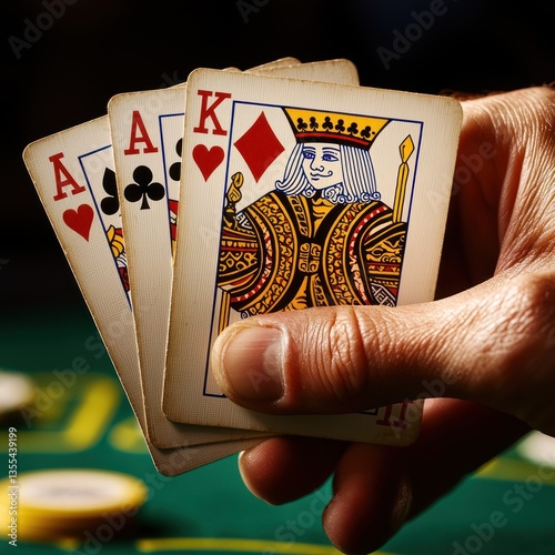Hand holding four playing cards, Ace and King visible,  on a green felt surface photo