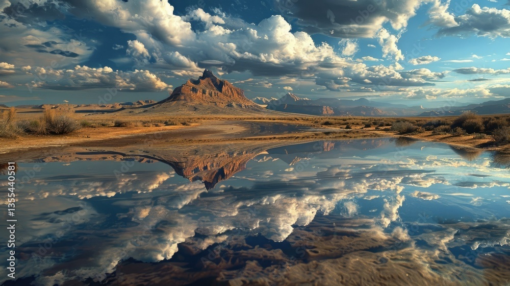 Obraz premium A surreal desert landscape after rain, reflecting the sky perfectly like a natural mirror 