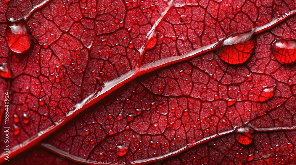 Fototapeta premium A sharp close-up of a red maple leaf with dewdrops settled gently on its intricate veins glowing against the plain background