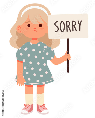 Cute sad girl asking for forgiveness and holding a sign SORRY. Sympathy and expression, feelings. Emotions and facial expressions, gestures. Vector illustration isolated on white background