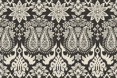 Ethnic abstract ikat fabric artwork with seamless patterns, combining tribal, indigenous and Mexican embroidery with Aztec geometric motifs. Ideal for rugs, wallpapers, throws, fabrics and clothing.