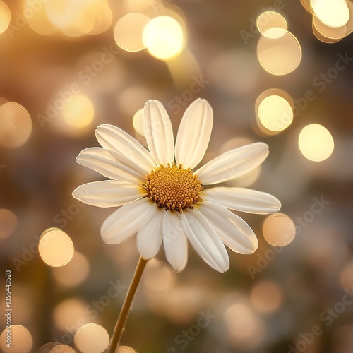 Daisy in artistic shot with bokeh effect under golden hour light, glowing highlights, and a dreamy, ethereal feel.