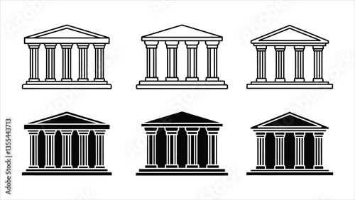 Set of black and white Greek column icons representing classical architecture and ancient monuments