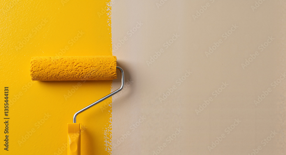 Obraz premium Paint roller applying yellow paint on beige wall background 