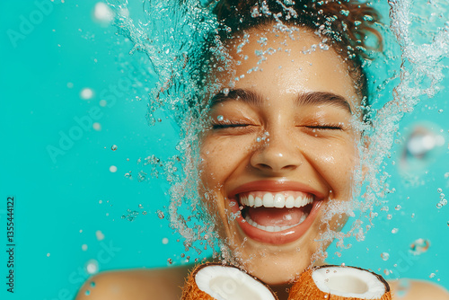 Joyful girl underwater holding coconuts while surrounded by sparkling water bubbles in a bright aqua setting