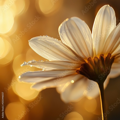 Daisy in macro shot with soft backlighting, intricate petal details, and a warm, glowing, natural composition.