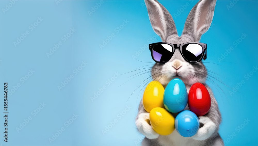 Fototapeta premium ​Adorable Easter Bunny Surrounded By Numerous Vibrantly Colored Easter Eggs, Capturing The Joy And Festivity Of The Easter Celebration.