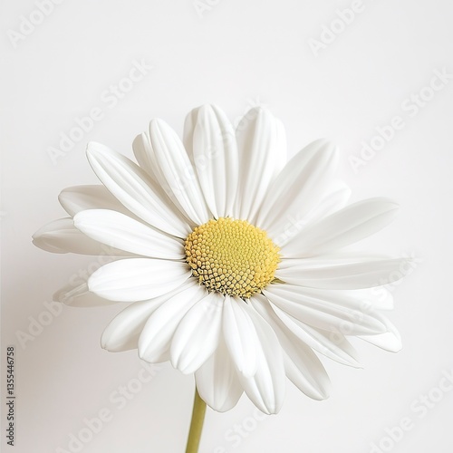 Daisy in minimalist design on white background under bright studio lighting, clean lines, and a modern, simple composition.