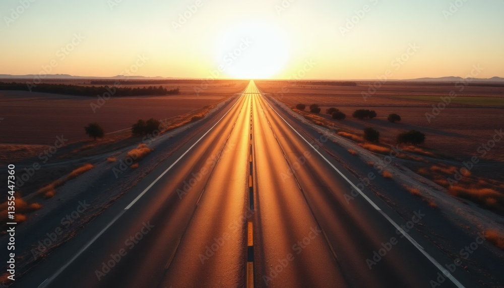 Naklejka premium Open Road at Sunset Aerial View of a Long Straight Highway Through Fields