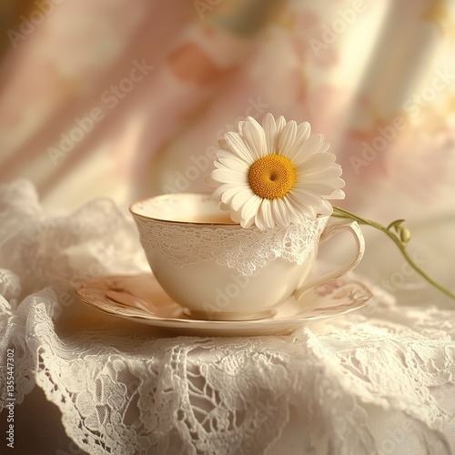 Daisy in vintage tea cup with lace tablecloth under soft indoor light, muted pastel tones, and a charming, nostalgic atmosphere.