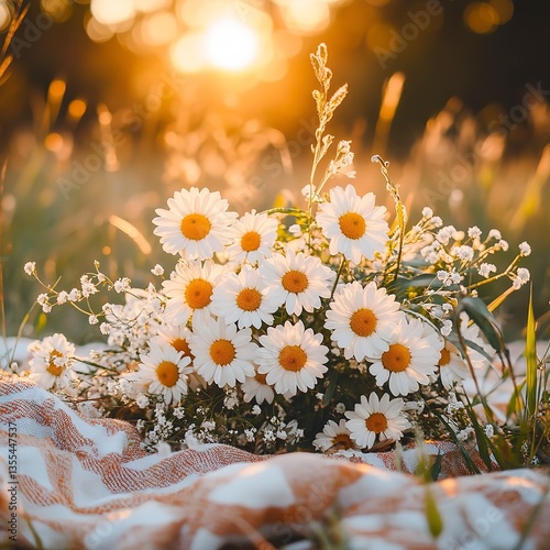 Daisy in wildflower bouquet on picnic blanket under golden hour light, vibrant tones, soft focus, and a joyful, outdoor mood.