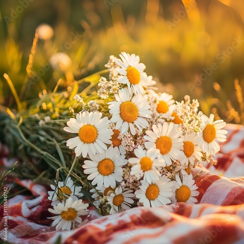 Daisy in wildflower bouquet on picnic blanket under golden hour light, vibrant tones, soft focus, and a joyful, outdoor mood.